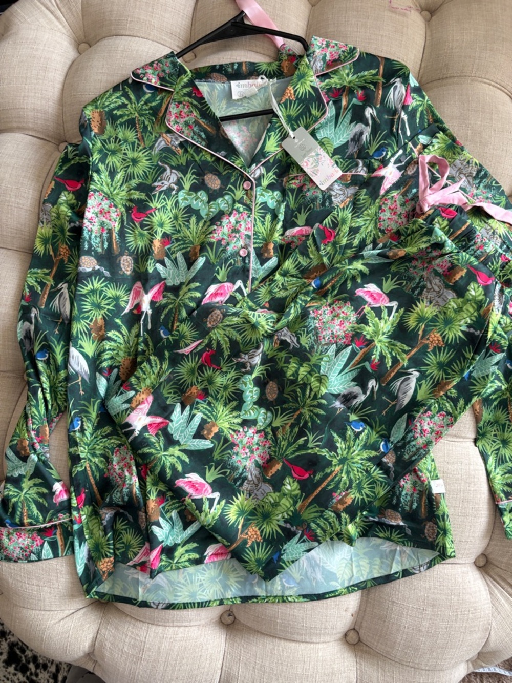 Bali Dark Green Tropical Satin Pajama Top with Pink Accents